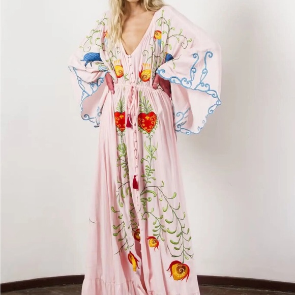 #103 New! 5 STAR Bohemian Kimono Embroidered Maxi Dress - Picture 6 of 7